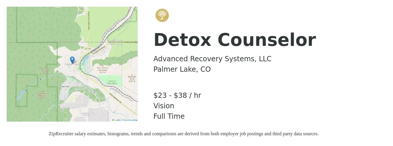Advanced Recovery Systems, LLC job posting for a Detox Counselor in Palmer Lake, CO with a salary of $24 to $40 Hourly and benefits including vision with a map of Palmer Lake location.