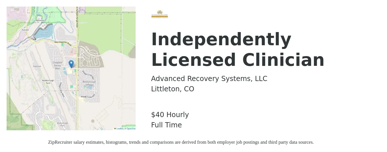 Advanced Recovery Systems, LLC job posting for a Independently Licensed Clinician in Littleton, CO with a salary of $37 to $42 Hourly and benefits including vision with a map of Littleton location.
