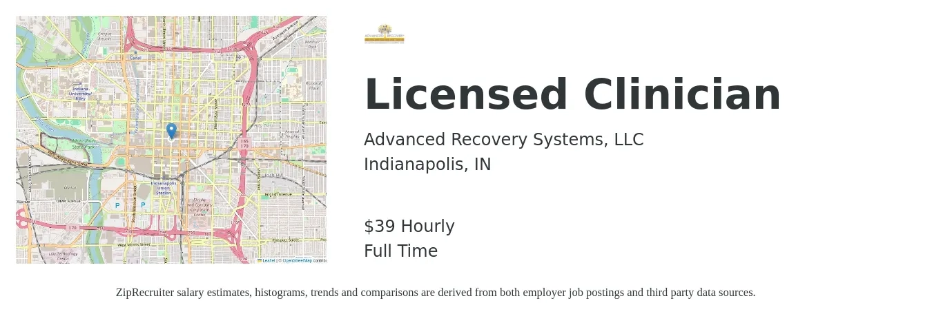Advanced Recovery Systems job posting for a Licensed Clinician in Indianapolis, IN with a salary of $41 Hourly with a map of Indianapolis location.