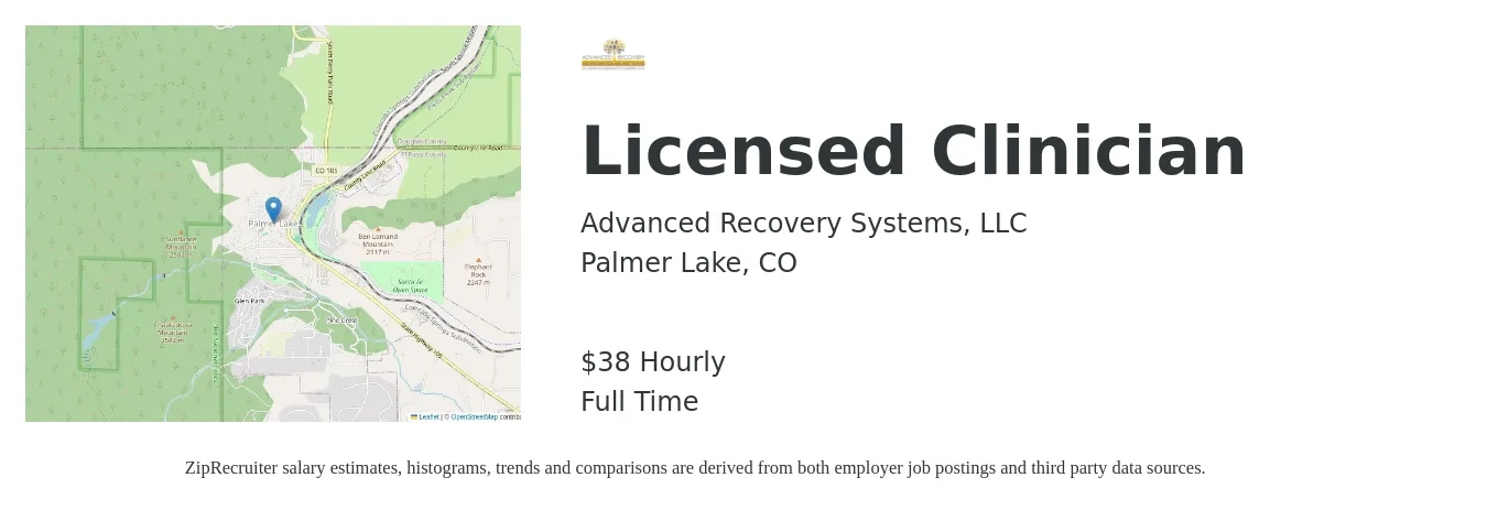 Advanced Recovery Systems, LLC job posting for a Licensed Clinician in Palmer Lake, CO with a salary of $30 to $40 Hourly and benefits including vision with a map of Palmer Lake location.