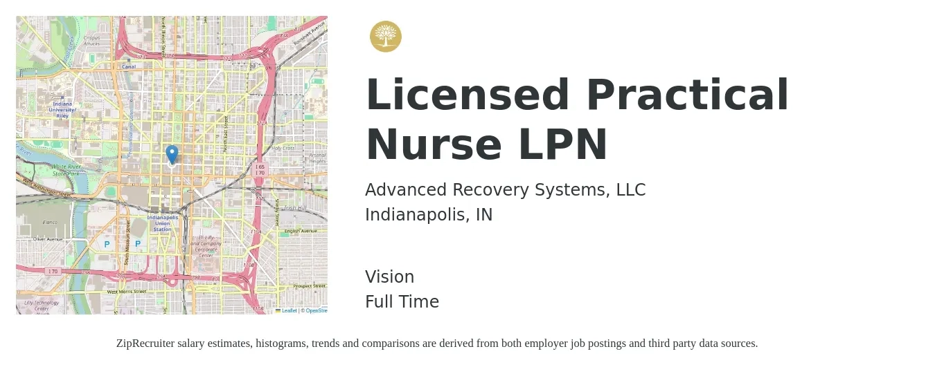 Advanced Recovery Systems, LLC job posting for a Licensed Practical Nurse LPN in Indianapolis, IN with a salary of $24 to $34 Hourly and benefits including vision with a map of Indianapolis location.