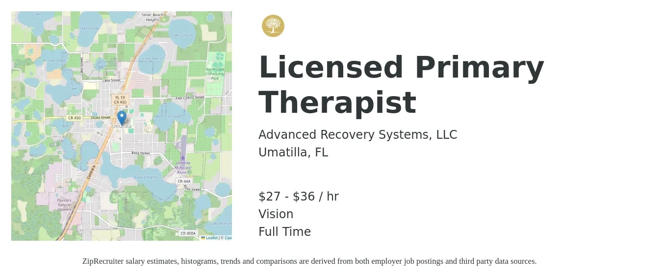 Advanced Recovery Systems job posting for a Licensed Primary Therapist in Umatilla, FL with a salary of $38 Hourly with a map of Umatilla location.