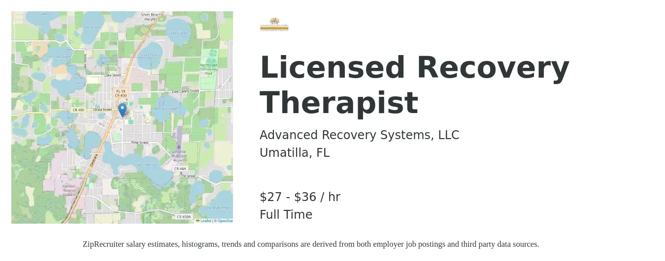 Advanced Recovery Systems job posting for a Licensed Recovery Therapist in Umatilla, FL with a salary of $29 to $38 Hourly with a map of Umatilla location.