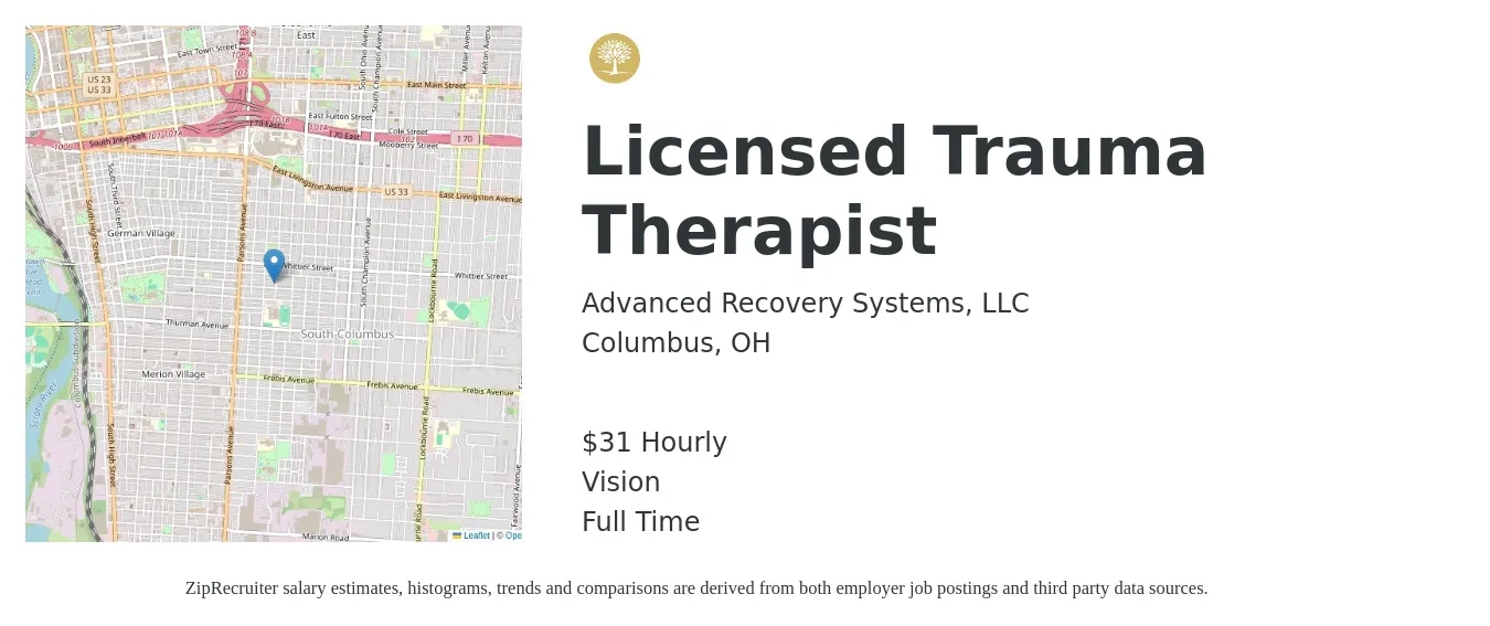 Advanced Recovery Systems, LLC job posting for a Licensed Trauma Therapist in Columbus, OH with a salary of $33 Hourly and benefits including vision with a map of Columbus location.