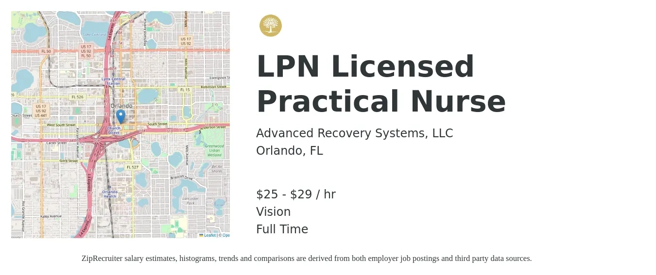 Advanced Recovery Systems, LLC job posting for a LPN Licensed Practical Nurse in Orlando, FL with a salary of $26 to $30 Hourly and benefits including vision with a map of Orlando location.