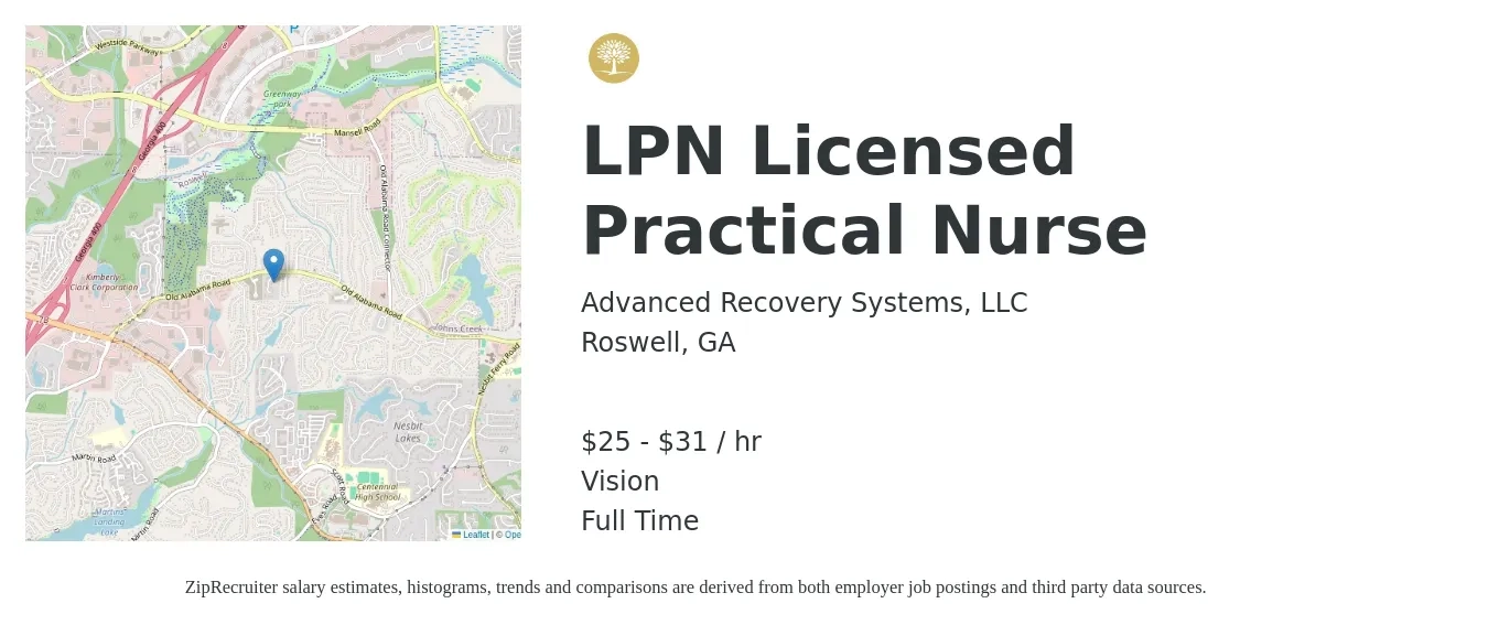 Advanced Recovery Systems, LLC job posting for a LPN Licensed Practical Nurse in Roswell, GA with a salary of $27 to $33 Hourly and benefits including vision with a map of Roswell location.