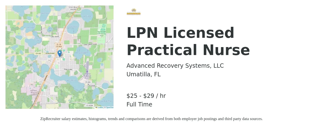 Advanced Recovery Systems, LLC job posting for a LPN Licensed Practical Nurse in Umatilla, FL with a salary of $26 to $30 Hourly and benefits including vision with a map of Umatilla location.
