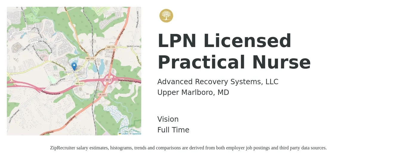 Advanced Recovery Systems, LLC job posting for a LPN Licensed Practical Nurse in Upper Marlboro, MD with a salary of $26 to $35 Hourly and benefits including vision with a map of Upper Marlboro location.