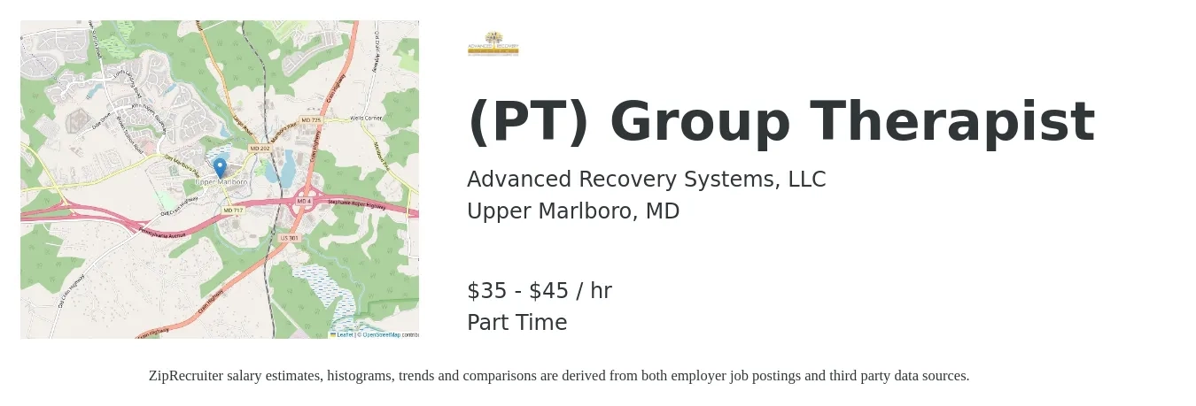 Advanced Recovery Systems job posting for a (PT) Group Therapist in Upper Marlboro, MD with a salary of $37 to $48 Hourly with a map of Upper Marlboro location.