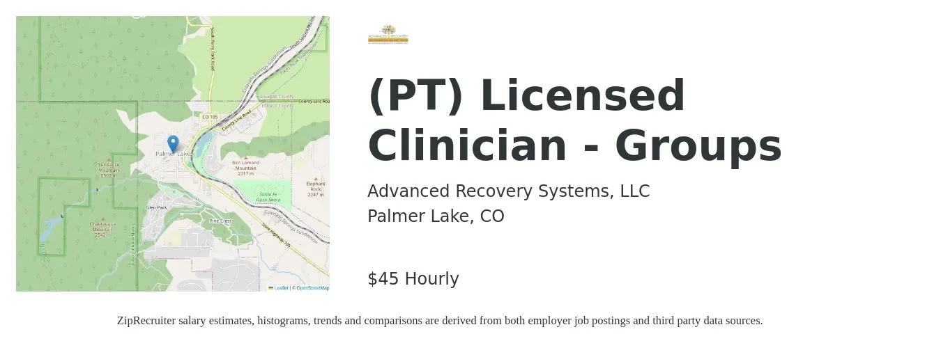 Advanced Recovery Systems, LLC job posting for a (PT) Licensed Clinician - Groups in Palmer Lake, CO with a salary of $35 to $47 Hourly and benefits including vision with a map of Palmer Lake location.