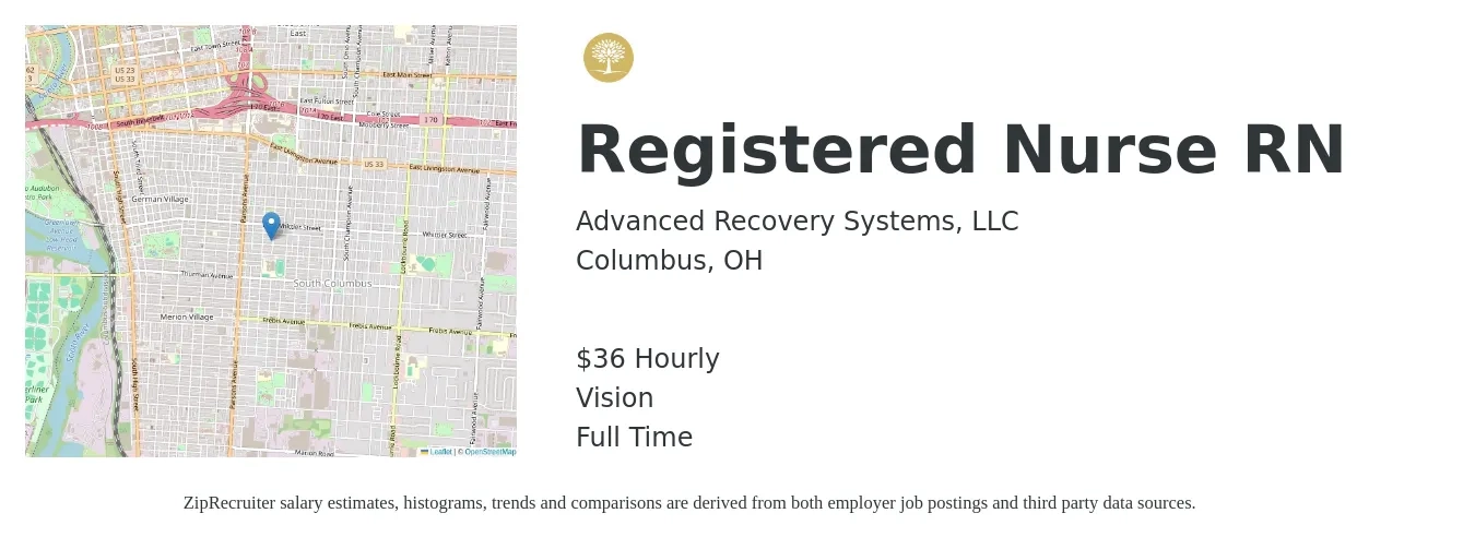Advanced Recovery Systems, LLC job posting for a Registered Nurse RN in Columbus, OH with a salary of $38 Hourly and benefits including vision with a map of Columbus location.