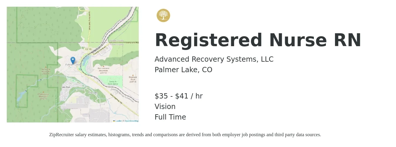 Advanced Recovery Systems, LLC job posting for a Registered Nurse RN in Palmer Lake, CO with a salary of $37 to $43 Hourly and benefits including vision with a map of Palmer Lake location.