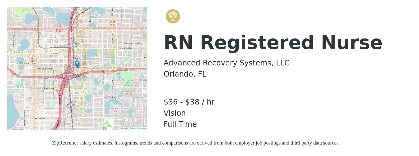 Advanced Recovery Systems, LLC job posting for a RN Registered Nurse in Orlando, FL with a salary of $38 to $40 Hourly and benefits including vision with a map of Orlando location.