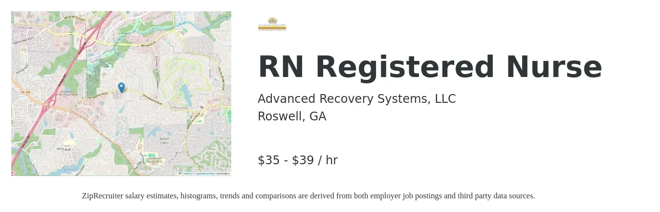 Advanced Recovery Systems, LLC job posting for a RN Registered Nurse in Roswell, GA with a salary of $37 to $41 Hourly and benefits including vision with a map of Roswell location.