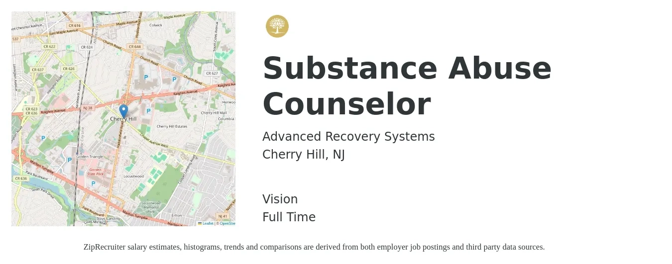 Advanced Recovery Systems, LLC job posting for a Substance Abuse Counselor in Cherry Hill, NJ with a salary of $22 to $30 Hourly and benefits including vision with a map of Cherry Hill location.