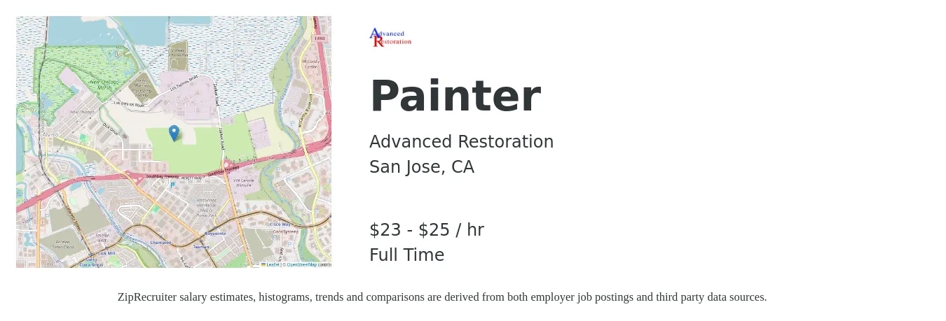 Advanced Restoration job posting for a Painter in San Jose, CA with a salary of $24 to $27 Hourly with a map of San Jose location.