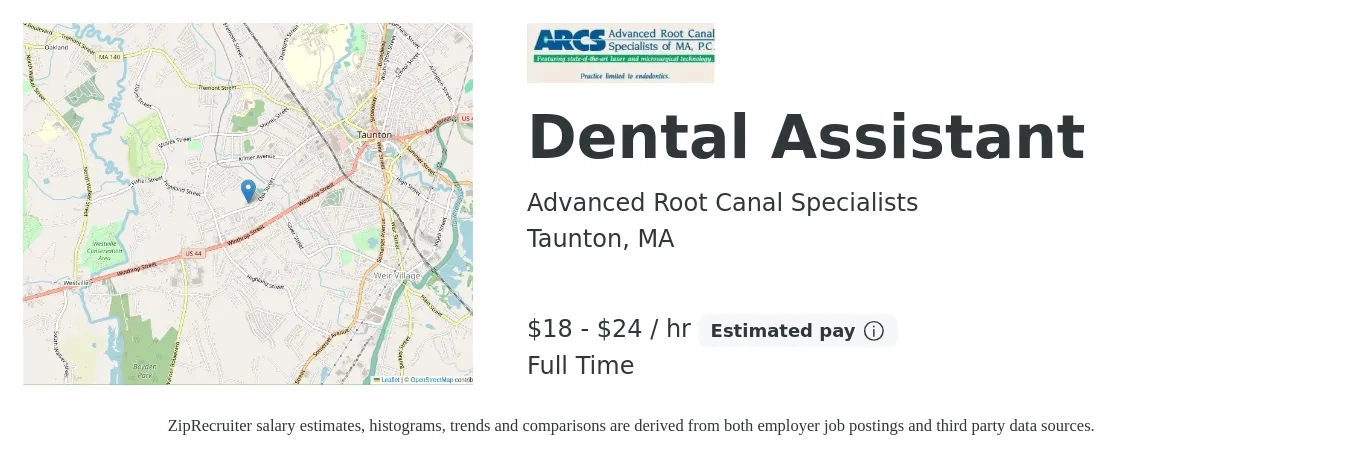 Advanced Root Canal Specialists job posting for a Dental Assistant in Taunton, MA with a salary of $19 to $25 Hourly and benefits including pto with a map of Taunton location.