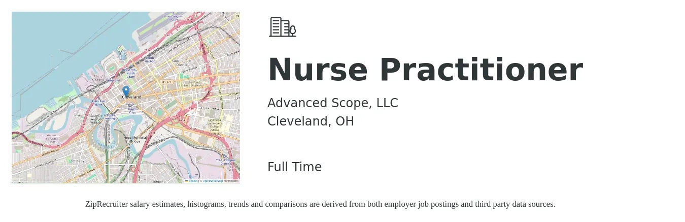 Advanced Scope, LLC job posting for a Nurse Practitioner in Cleveland, OH with a salary of $104,700 to $145,500 Yearly with a map of Cleveland location.