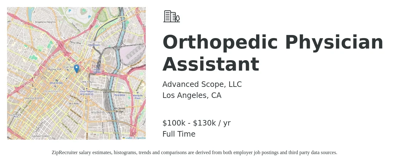 Advanced Scope, LLC job posting for a Orthopedic Physician Assistant in Los Angeles, CA with a salary of $100,000 to $130,000 Yearly with a map of Los Angeles location.
