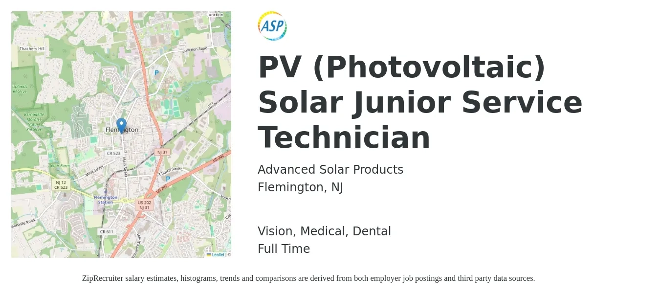 Advanced Solar Products job posting for a PV (Photovoltaic) Solar Junior Service Technician in Flemington, NJ with a salary of $23 to $34 Hourly and benefits including medical, pto, vision, dental, and life_insurance with a map of Flemington location.
