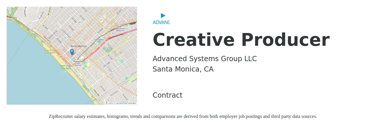 Advanced Systems Group LLC job posting for a Creative Producer in Santa Monica, CA with a salary of $90,000 to $100,000 Yearly with a map of Santa Monica location.