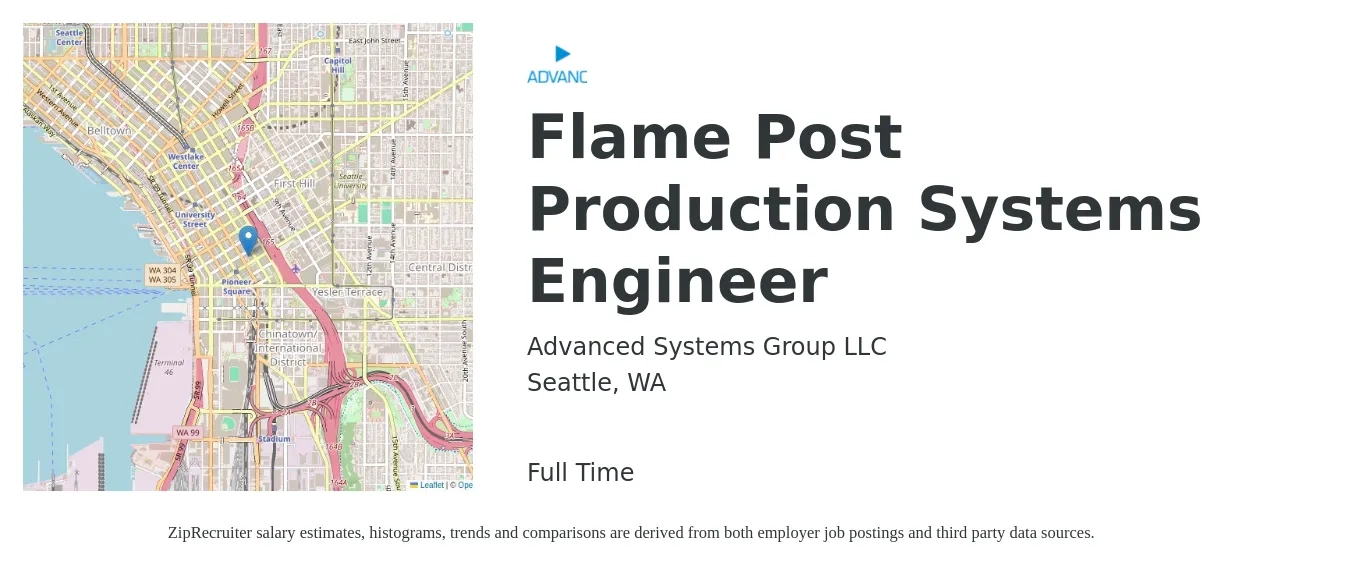 Advanced Systems Group LLC job posting for a Flame Post Production Systems Engineer in Seattle, WA with a salary of $175,000 to $200,000 Yearly with a map of Seattle location.