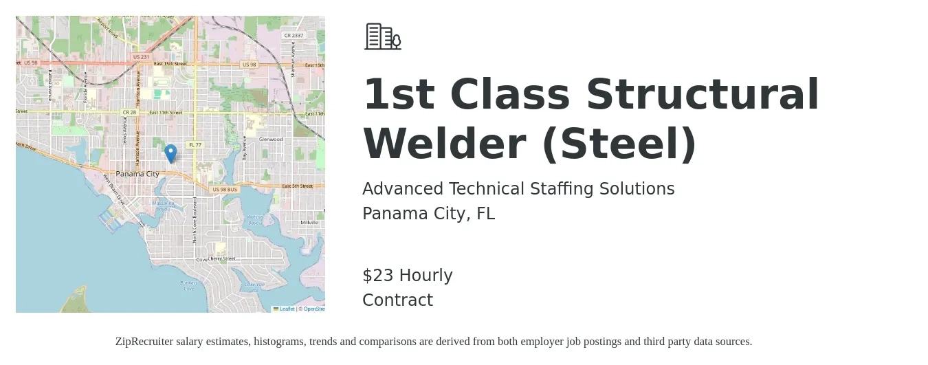 Advanced Technical Staffing Solutions job posting for a 1st Class Structural Welder (Steel) in Panama City, FL with a salary of $24 Hourly with a map of Panama City location.