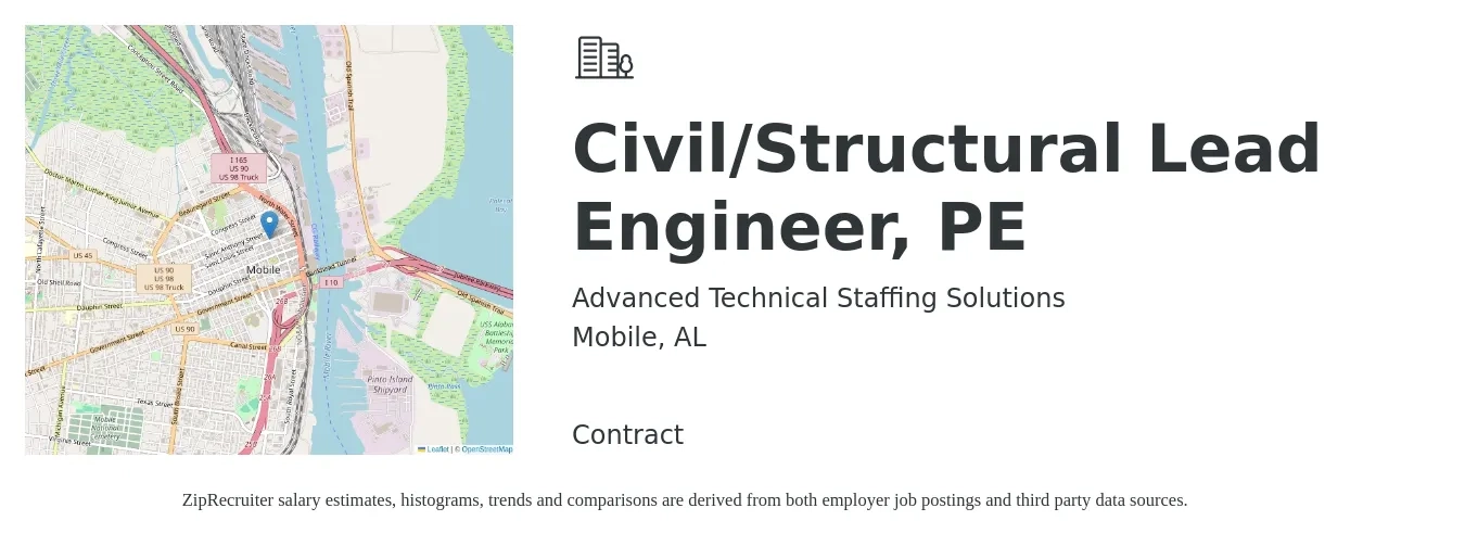 Advanced Technical Staffing Solutions job posting for a Civil/Structural Lead Engineer, PE in Mobile, AL with a salary of $62,300 to $102,300 Yearly with a map of Mobile location.