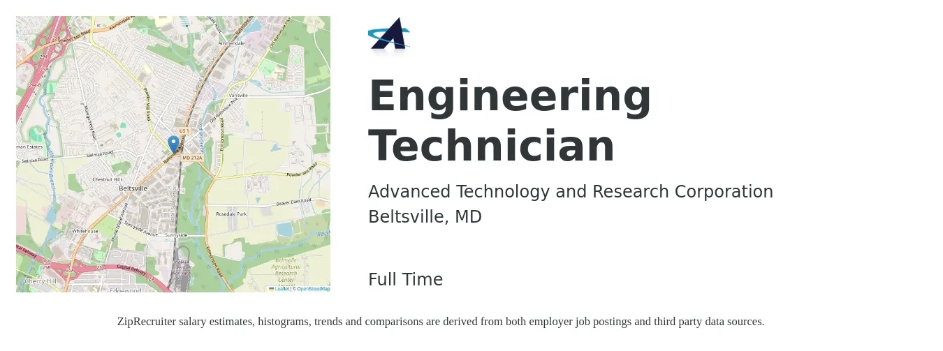 Advanced Technology and Research Corporation job posting for a Engineering Technician in Beltsville, MD with a salary of $47,700 to $73,000 Yearly with a map of Beltsville location.