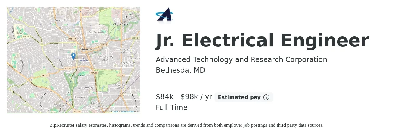 Advanced Technology and Research Corporation job posting for a Jr. Electrical Engineer in Bethesda, MD with a salary of $84,000 to $98,000 Yearly with a map of Bethesda location.