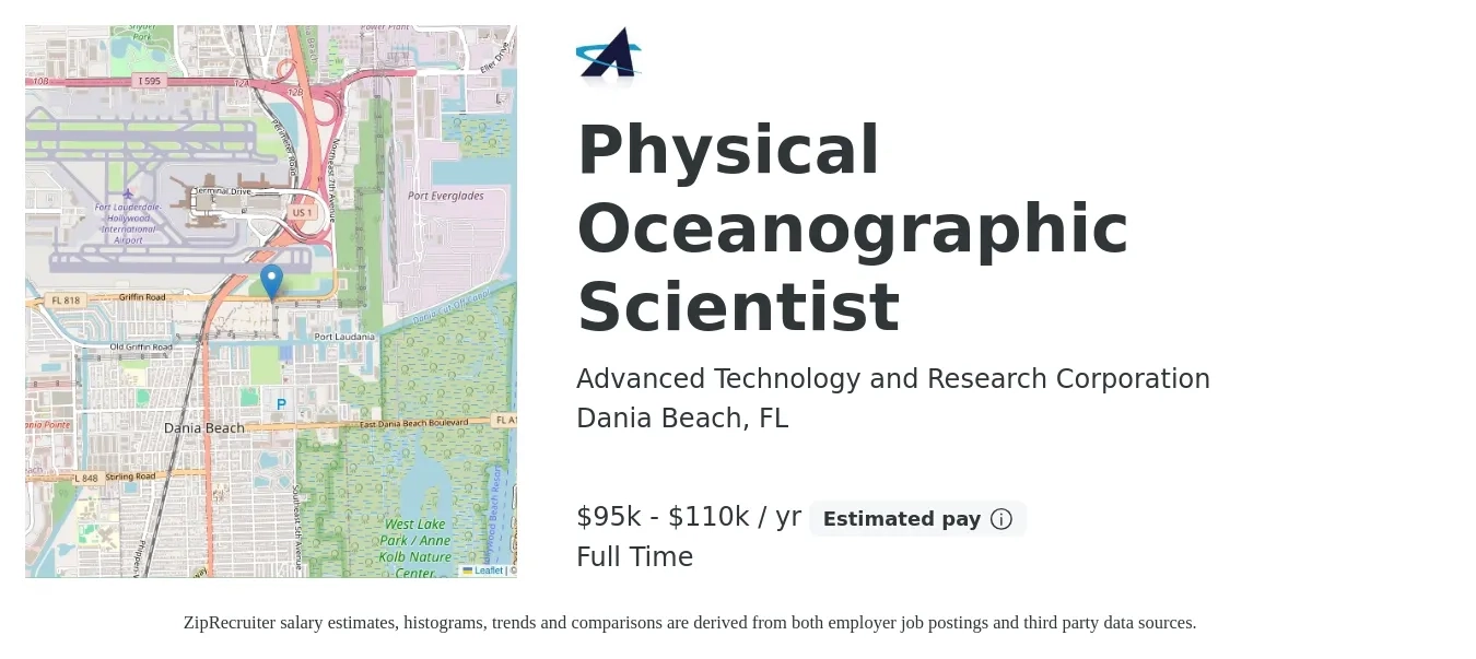 Advanced Technology and Research Corporation job posting for a Physical Oceanographic Scientist in Dania Beach, FL with a salary of $95,000 to $110,000 Yearly with a map of Dania Beach location.