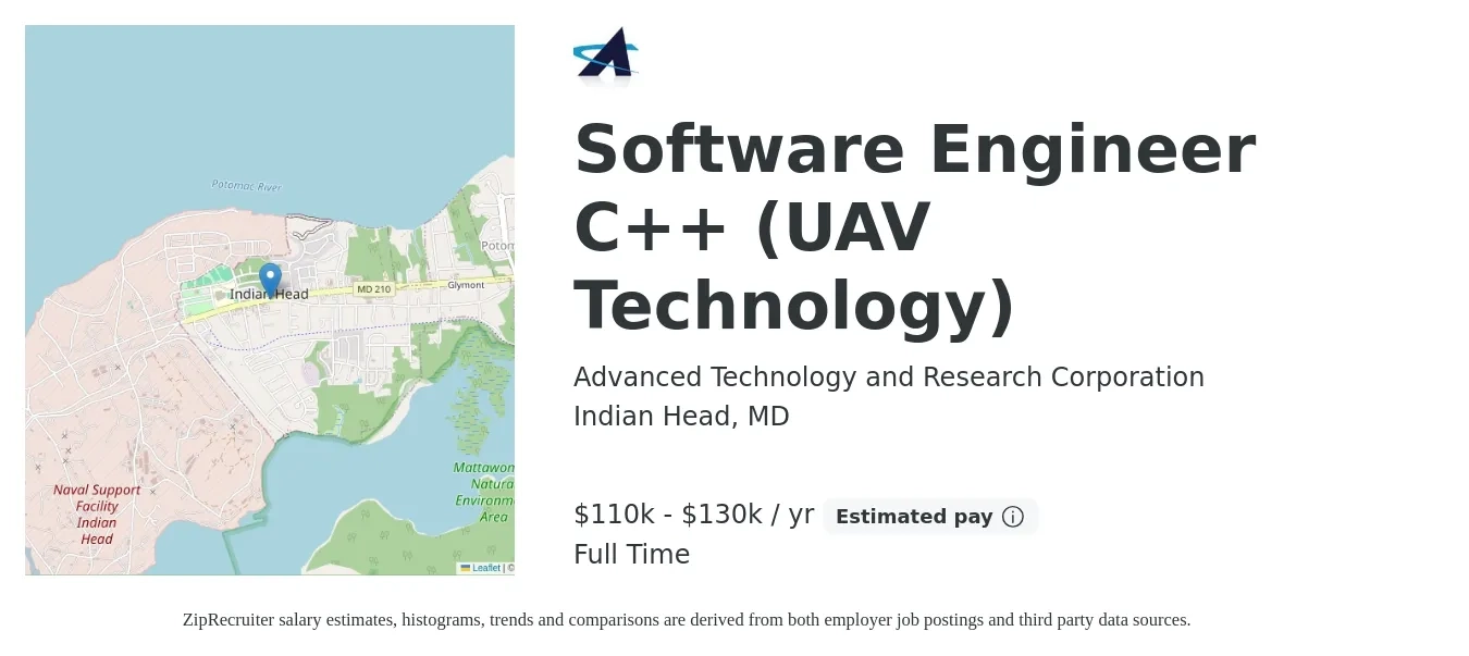 Advanced Technology and Research Corporation job posting for a Software Engineer C++ (UAV Technology) in Indian Head, MD with a salary of $110,000 to $130,000 Yearly with a map of Indian Head location.