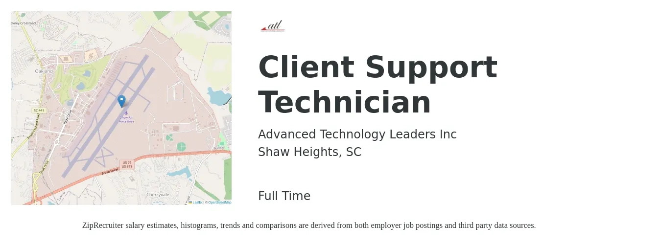 Advanced Technology Leaders Inc job posting for a Client Support Technician in Shaw Heights, SC with a salary of $19 to $26 Hourly with a map of Shaw Heights location.