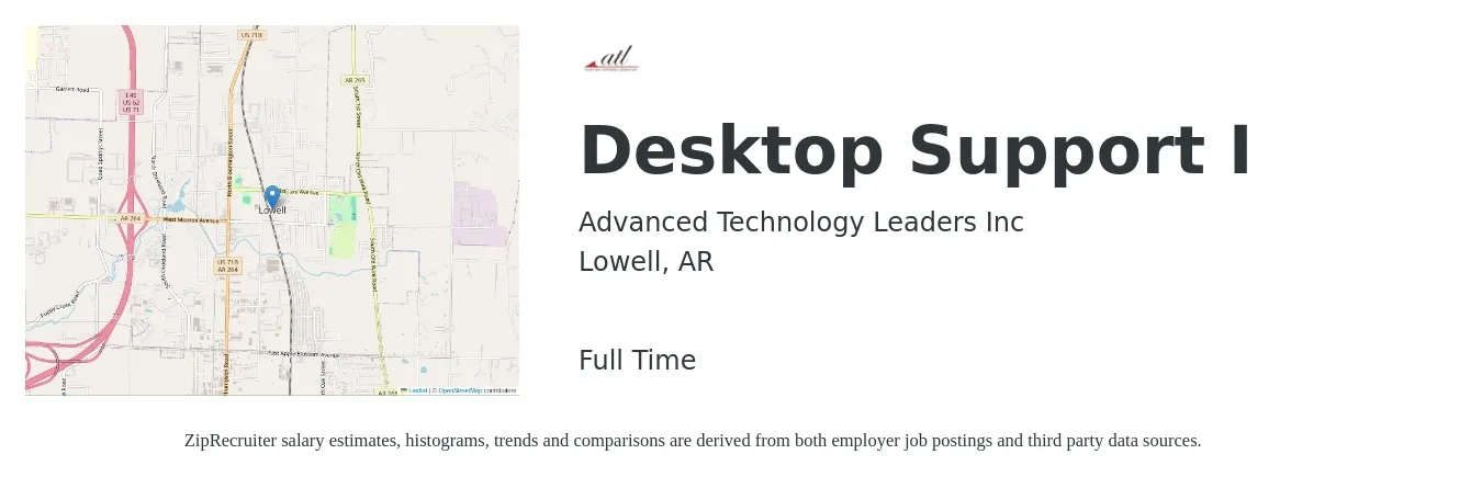 Advanced Technology Leaders Inc job posting for a Desktop Support I in Lowell, AR with a salary of $18 to $23 Hourly with a map of Lowell location.
