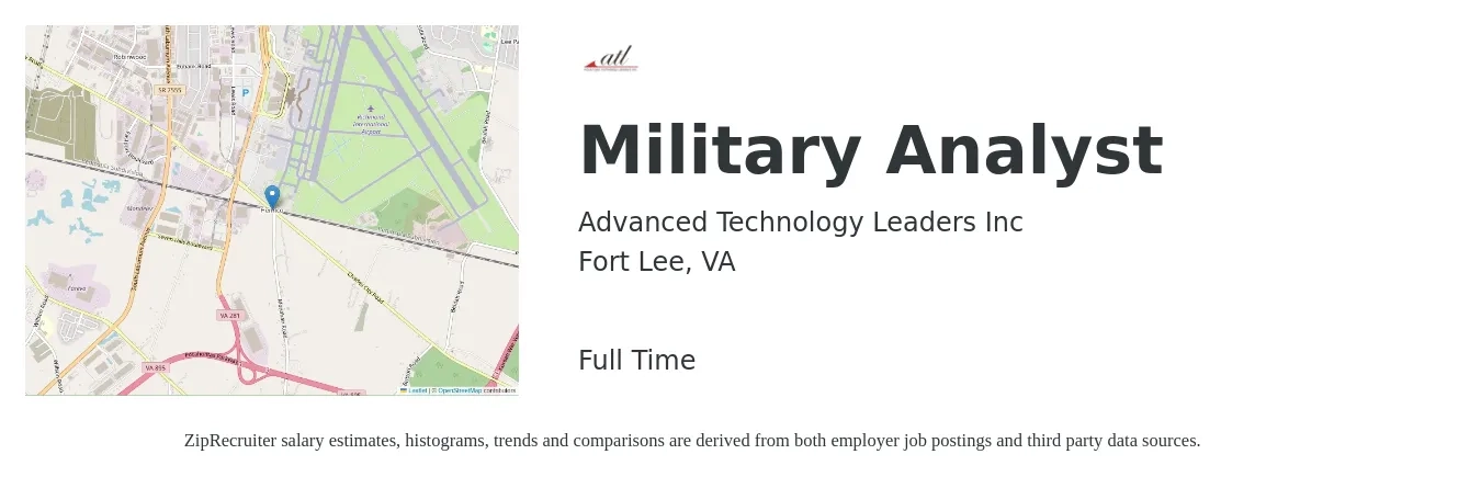 Advanced Technology Leaders Inc job posting for a Military Analyst in Fort Lee, VA with a salary of $83,300 to $120,200 Yearly with a map of Fort Lee location.