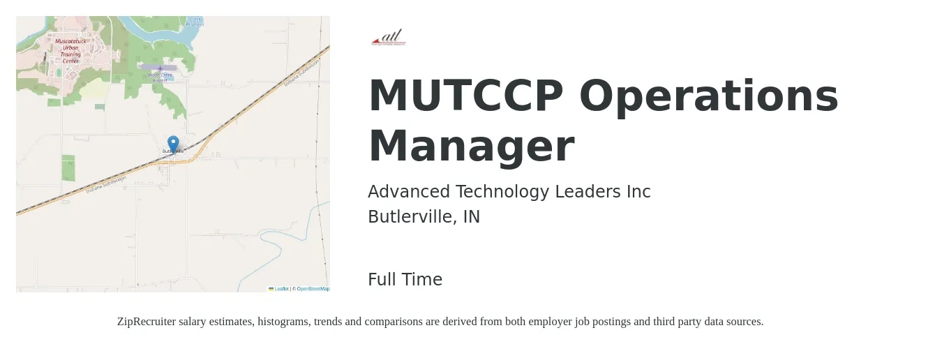 Advanced Technology Leaders Inc job posting for a MUTCCP Operations Manager in Butlerville, IN with a salary of $35,000 to $66,200 Yearly with a map of Butlerville location.