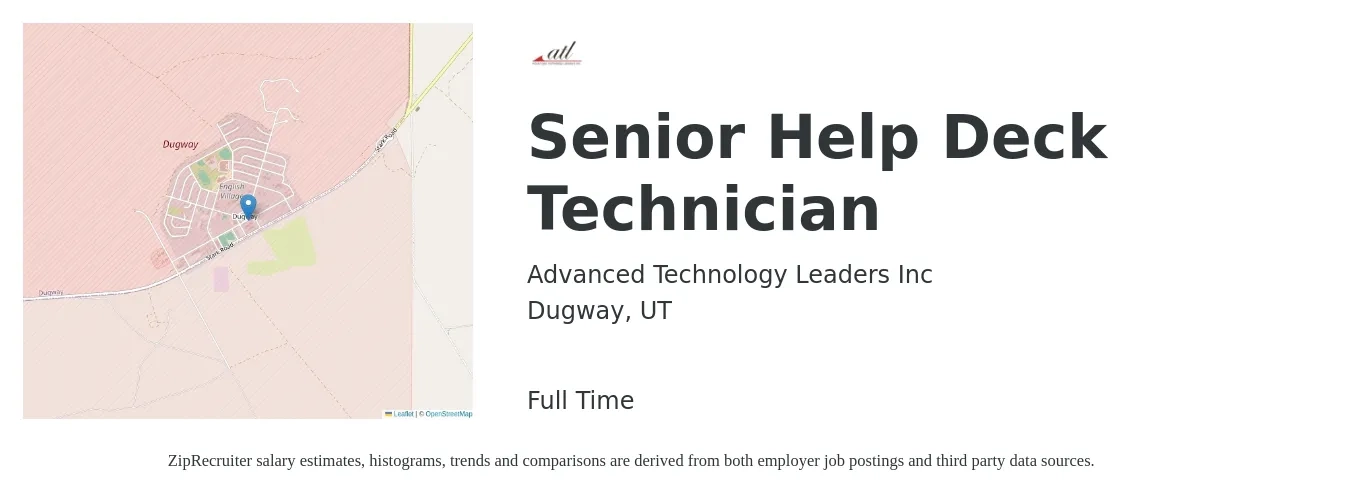 Advanced Technology Leaders Inc job posting for a Senior Help Deck Technician in Dugway, UT with a salary of $20 to $32 Hourly with a map of Dugway location.
