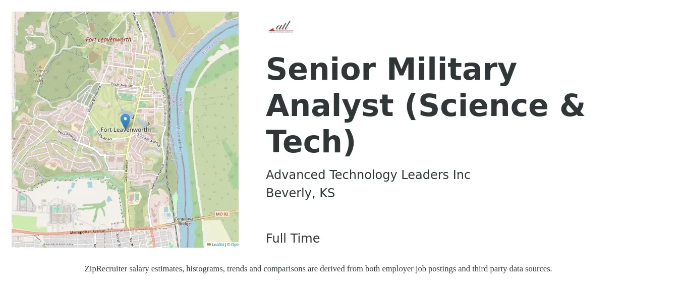 Advanced Technology Leaders Inc job posting for a Senior Military Analyst (Science & Tech) in Beverly, KS with a salary of $84,700 to $112,100 Yearly with a map of Beverly location.