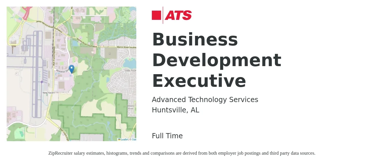 Advanced Technology Services job posting for a Business Development Executive in Huntsville, AL with a salary of $62,100 to $98,500 Yearly with a map of Huntsville location.