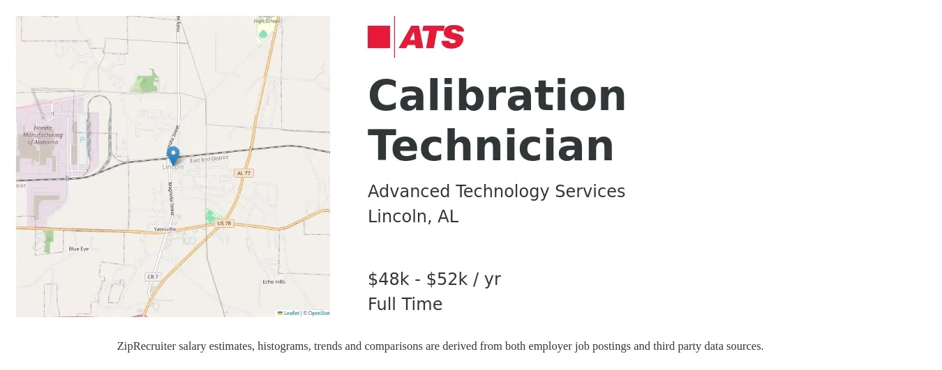 Advanced Technology Services job posting for a Calibration Technician in Lincoln, AL with a salary of $48,000 to $52,000 Yearly with a map of Lincoln location.