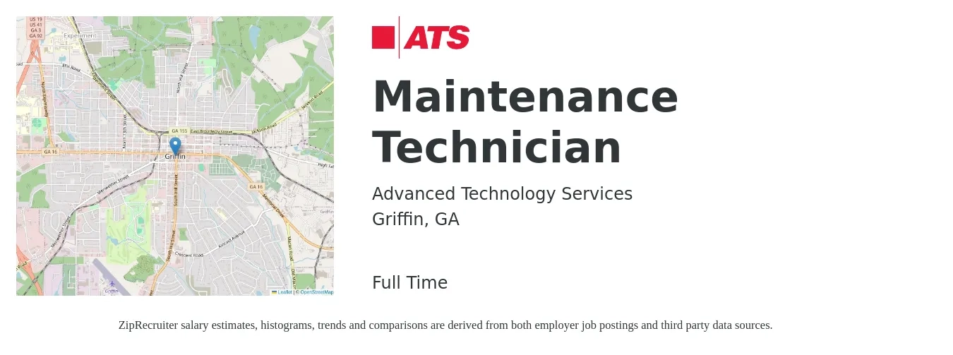 Advanced Technology Services job posting for a Maintenance Technician in Griffin, GA with a salary of $17 to $24 Hourly with a map of Griffin location.