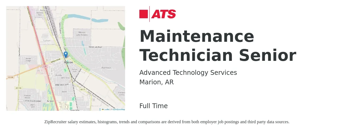 Advanced Technology Services job posting for a Maintenance Technician Senior in Marion, AR with a salary of $21 to $29 Hourly with a map of Marion location.