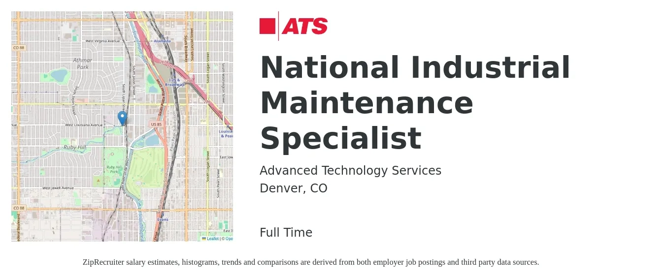 Advanced Technology Services job posting for a National Industrial Maintenance Specialist in Denver, CO with a salary of $21 to $29 Hourly with a map of Denver location.