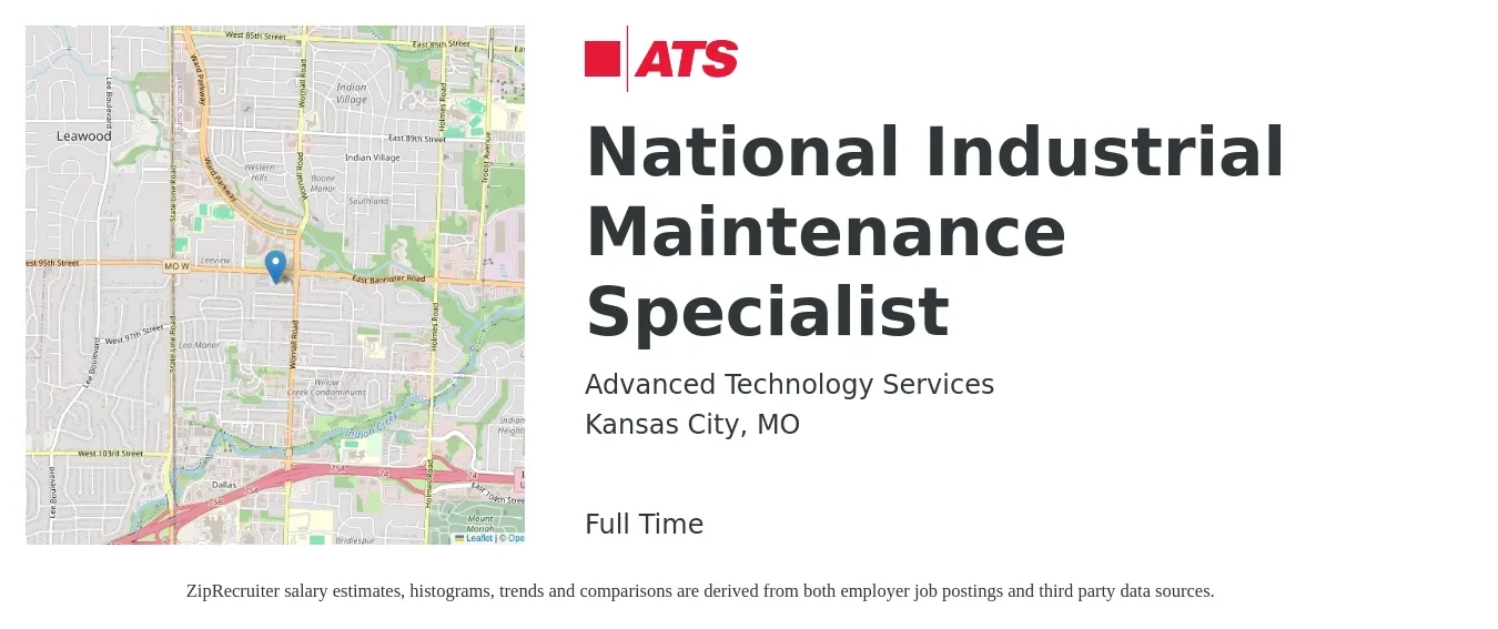 Advanced Technology Services job posting for a National Industrial Maintenance Specialist in Kansas City, MO with a salary of $20 to $28 Hourly with a map of Kansas City location.