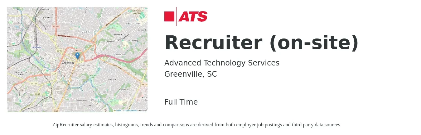 Advanced Technology Services job posting for a Recruiter (on-site) in Greenville, SC with a salary of $20 to $31 Hourly with a map of Greenville location.