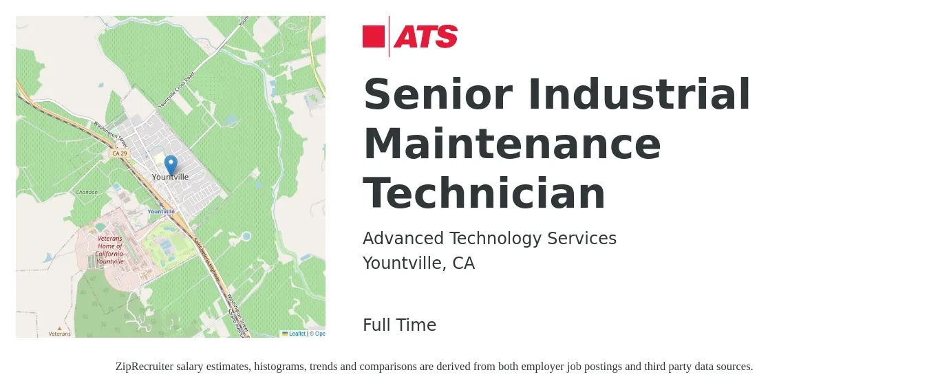 Advanced Technology Services job posting for a Senior Industrial Maintenance Technician in Yountville, CA with a salary of $27 to $38 Hourly with a map of Yountville location.