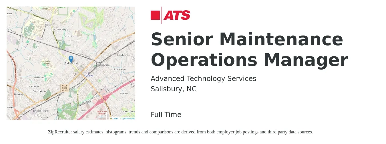 Advanced Technology Services job posting for a Senior Maintenance Operations Manager in Salisbury, NC with a salary of $45,600 to $72,800 Yearly with a map of Salisbury location.