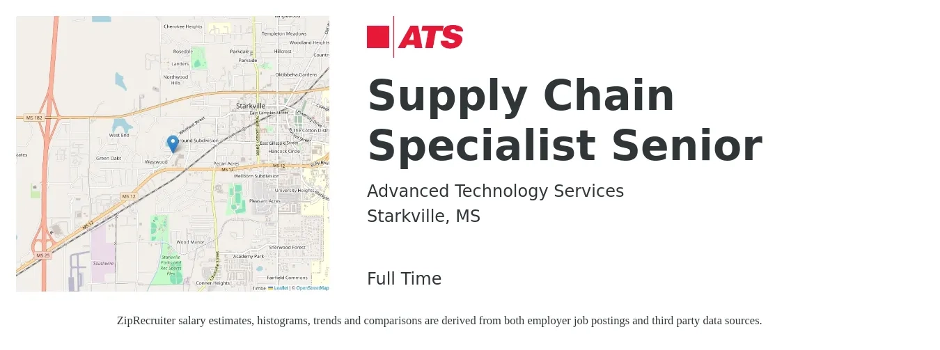 Advanced Technology Services job posting for a Supply Chain Specialist Senior in Starkville, MS with a salary of $23 to $36 Hourly with a map of Starkville location.