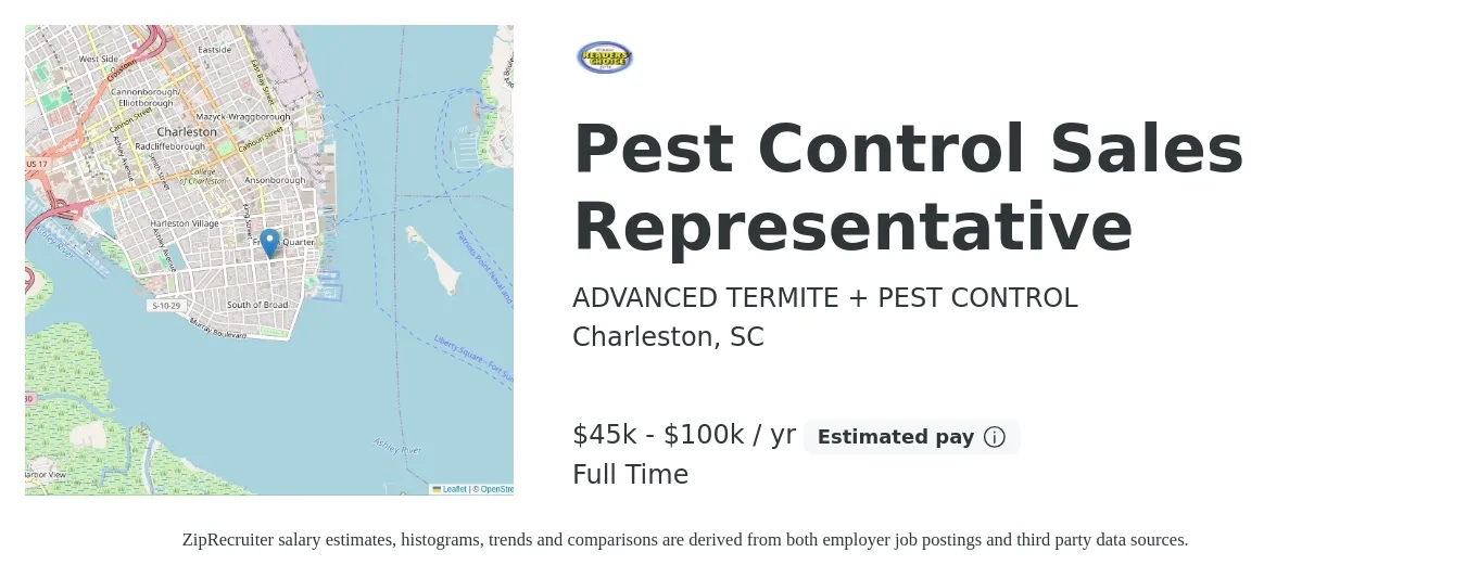 ADVANCED TERMITE + PEST CONTROL job posting for a Pest Control Sales Representative in Charleston, SC with a salary of $45,000 to $100,000 Yearly with a map of Charleston location.