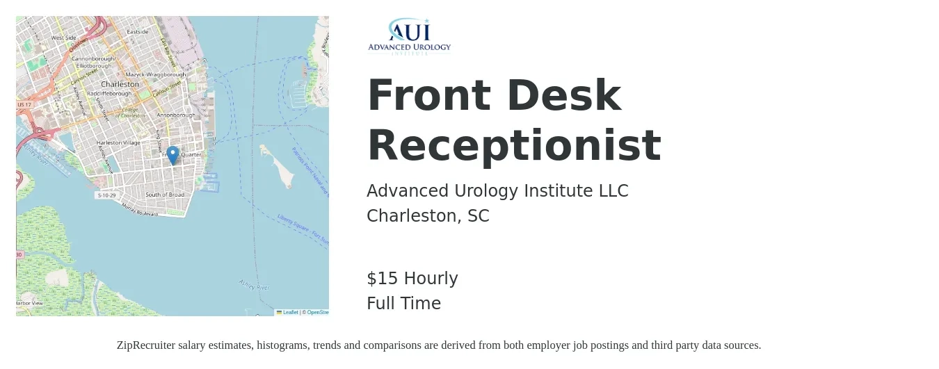 Advanced Urology Institute LLC job posting for a Front Desk Receptionist in Charleston, SC with a salary of $16 Hourly with a map of Charleston location.